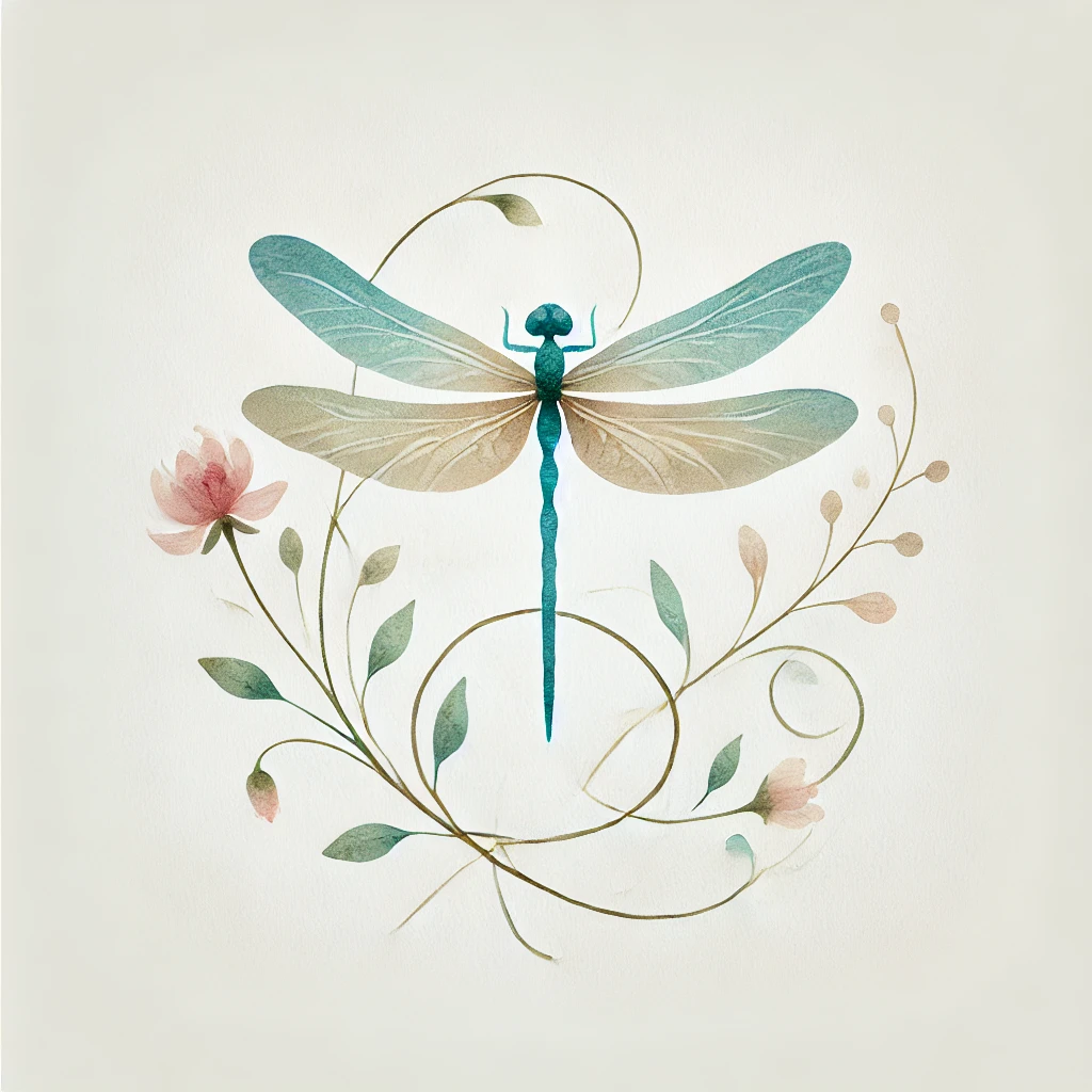 A minimalist watercolor dragonfly with intricate floral elements, featuring delicate vines and soft pastel tones of pink, green, and blue on a white background.