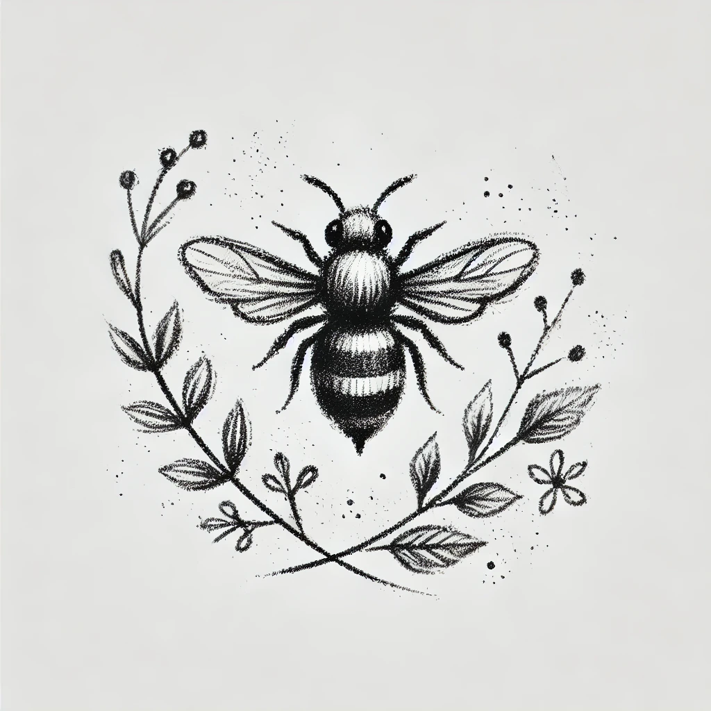 Minimalist bee illustration in black ink with botanical details, perfect for simple and small bee tattoo inspirations