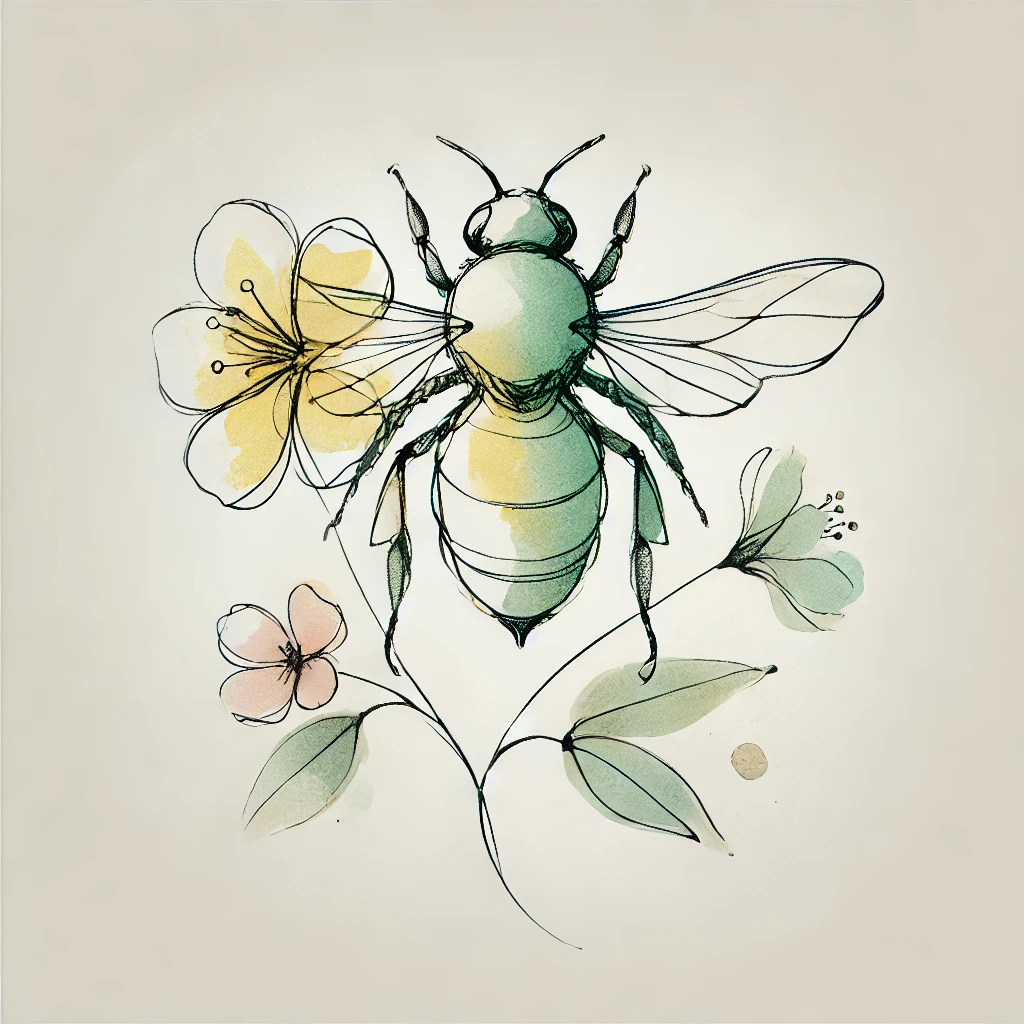 Watercolor bee sketch with delicate flowers and fine lines, a charming design for cute and artistic bee tattoos.