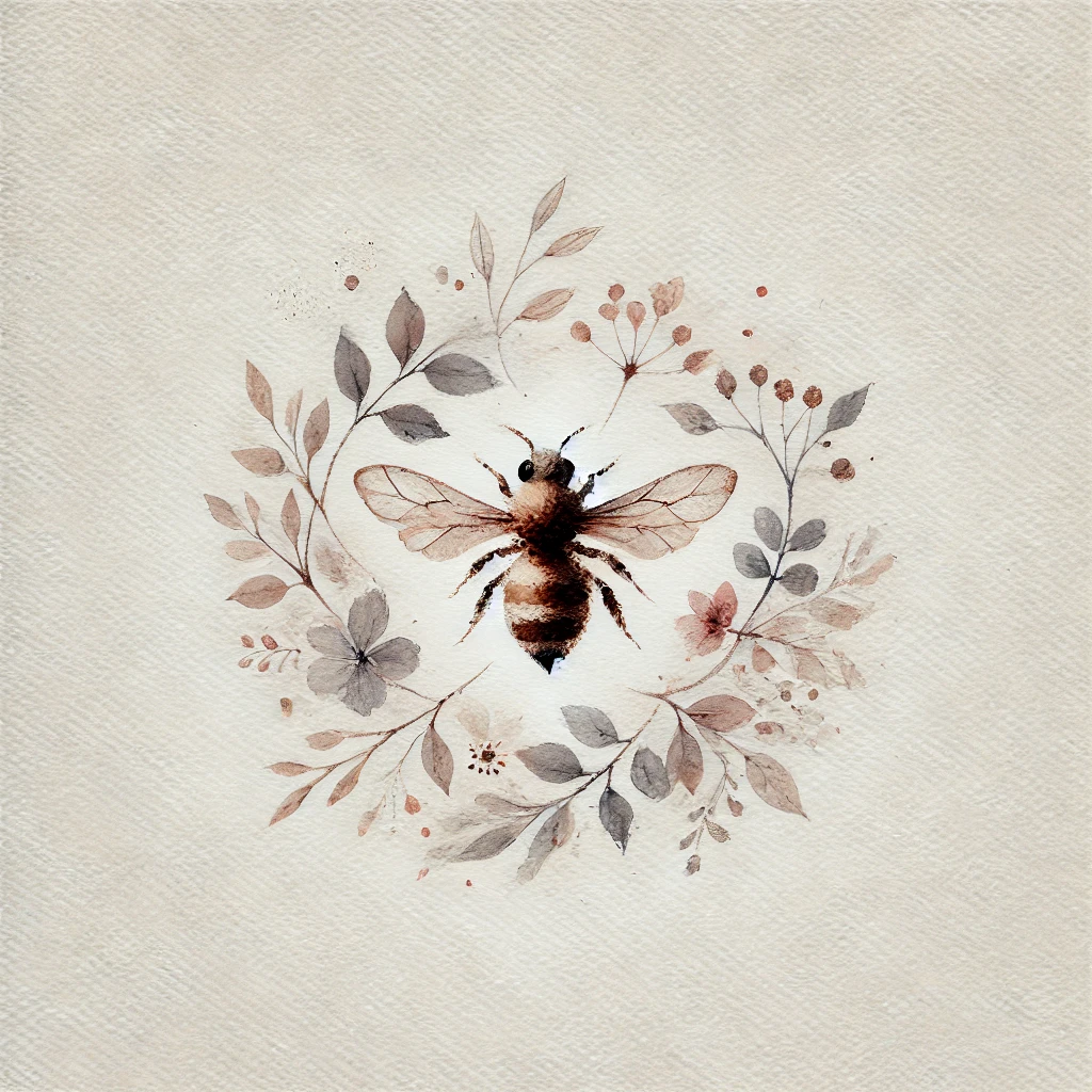 Bee surrounded by delicate watercolor floral wreath in soft pastel tones, ideal for elegant and artistic bee tattoo designs