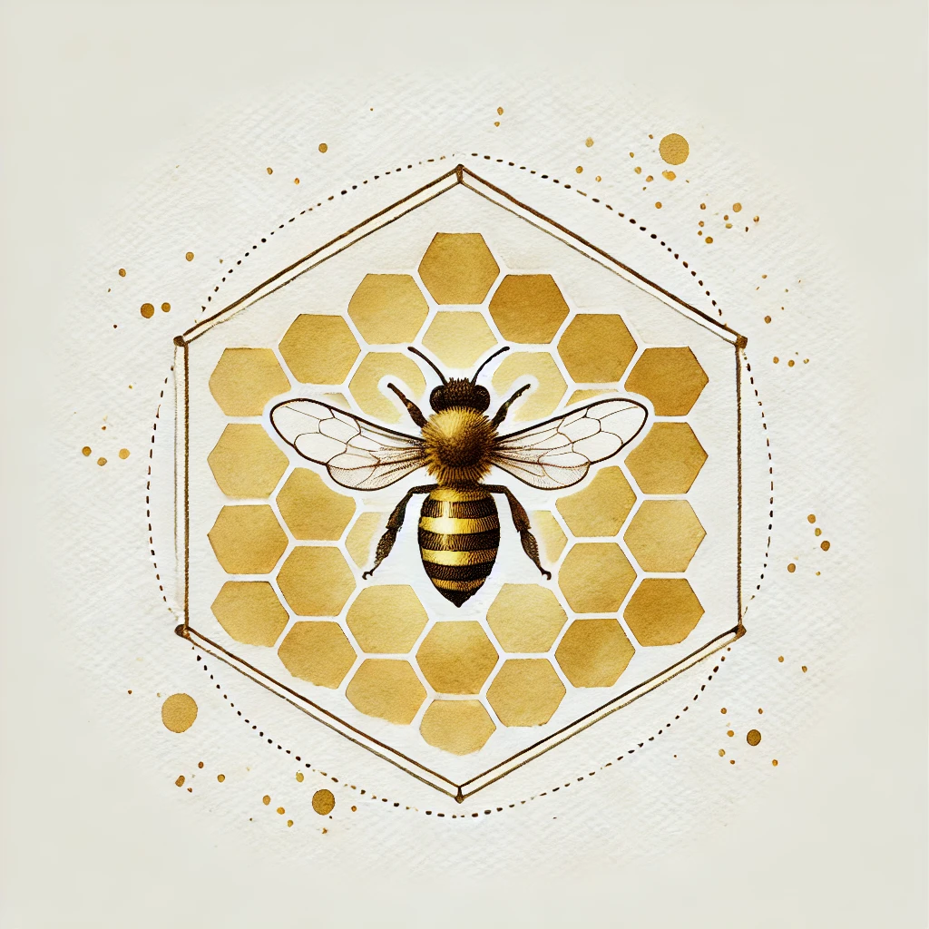 Watercolor bee illustration centered on a golden honeycomb, surrounded by fine geometric lines, ideal for detailed bee tattoos