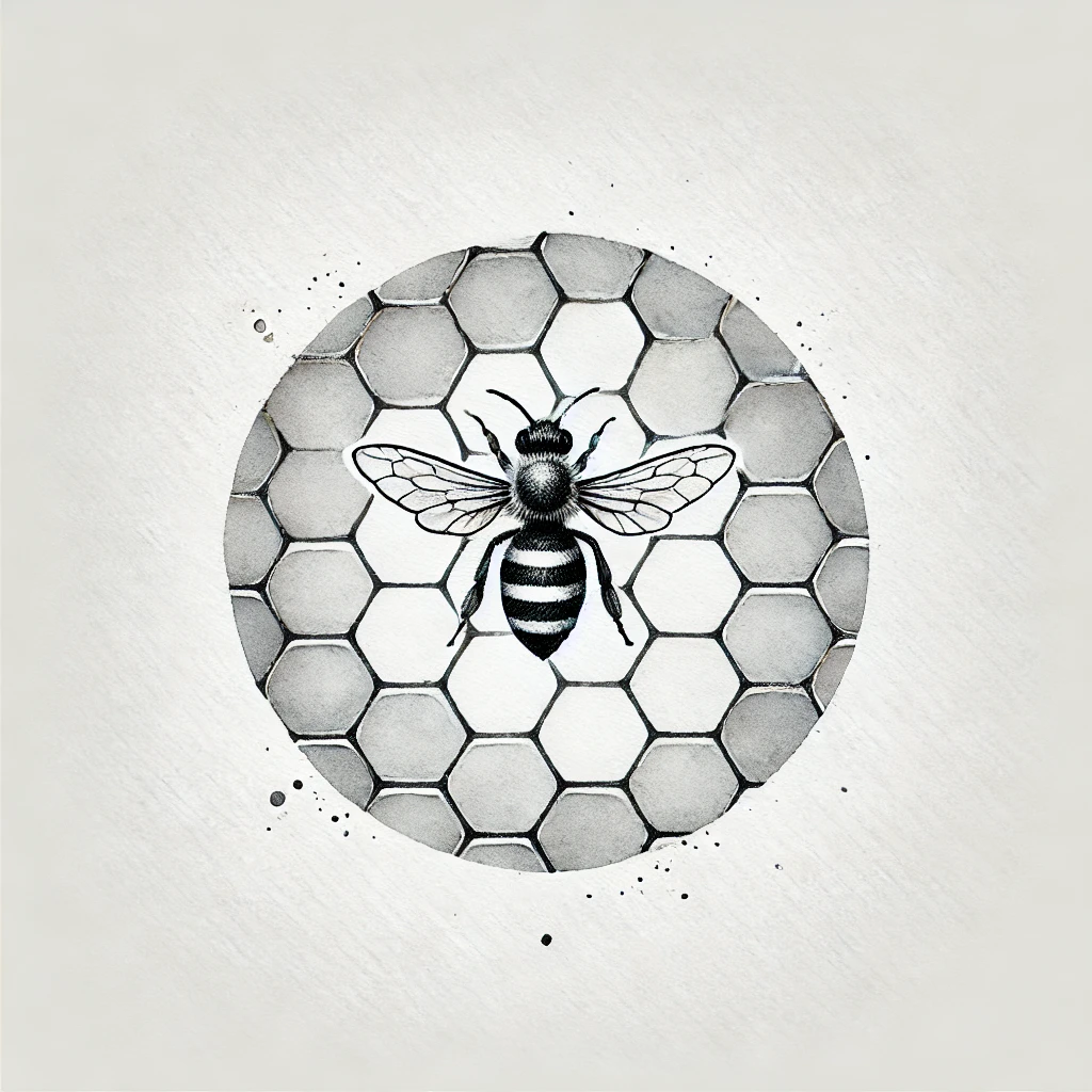 Grayscale bee and honeycomb art in a sketch style, showcasing a subtle, elegant geometric design for bee tattoos
