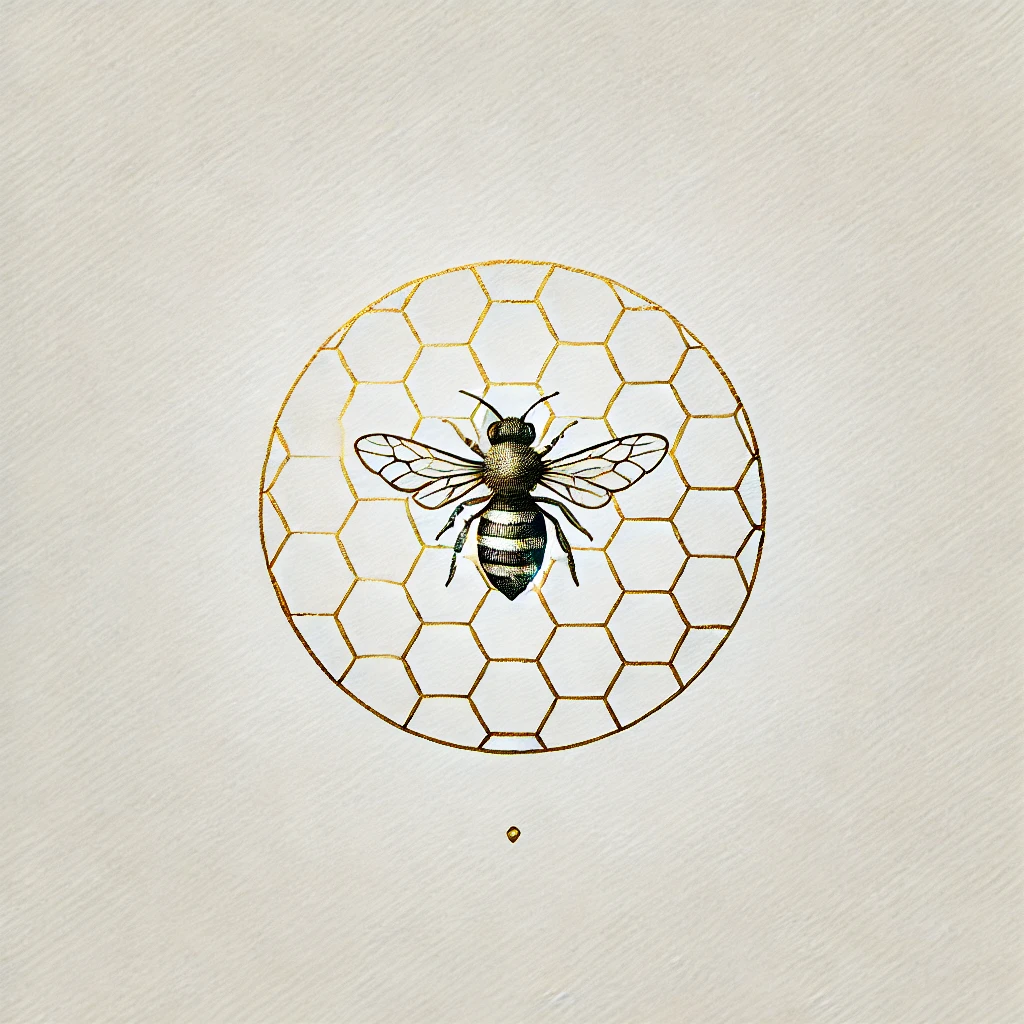 Minimalist bee and honeycomb design in gold lines on a white background, perfect for delicate bee tattoo ideas