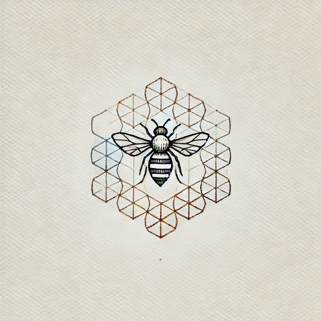Geometric bee illustration with honeycomb pattern, featuring fine black lines, ideal for modern bee tattoo designs