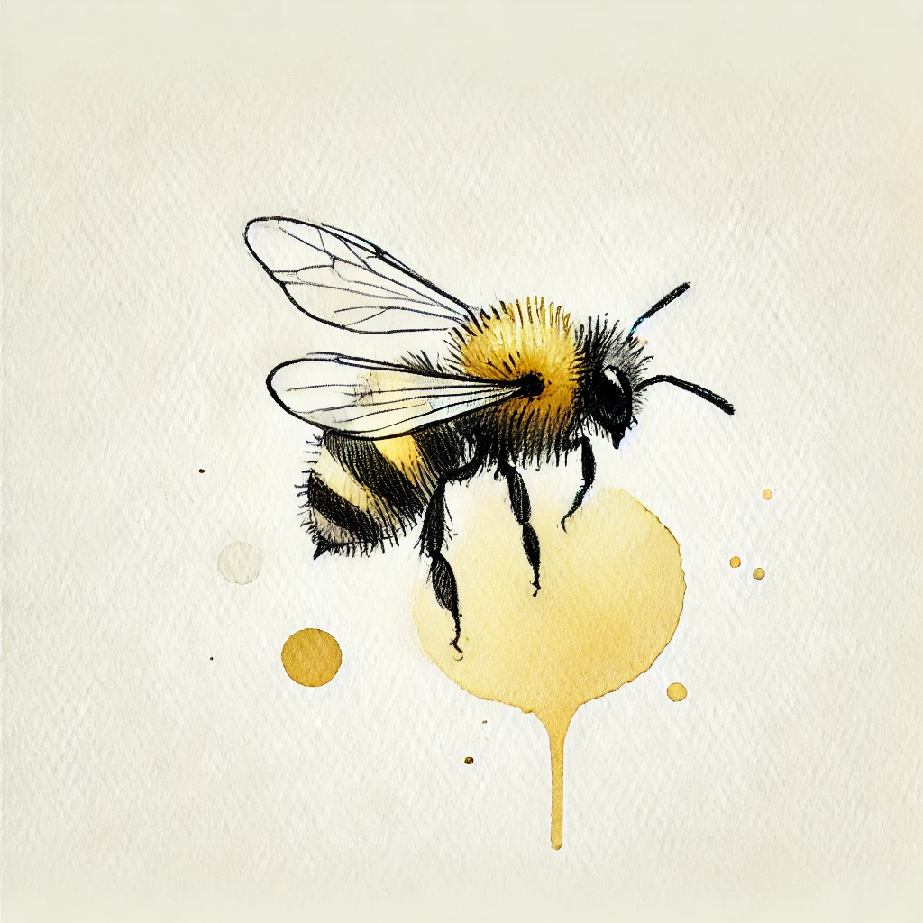 A bee ink drawing with a minimalist splash of watercolor, combining delicate linework and soft yellow tones for small bee tattoo ideas.
