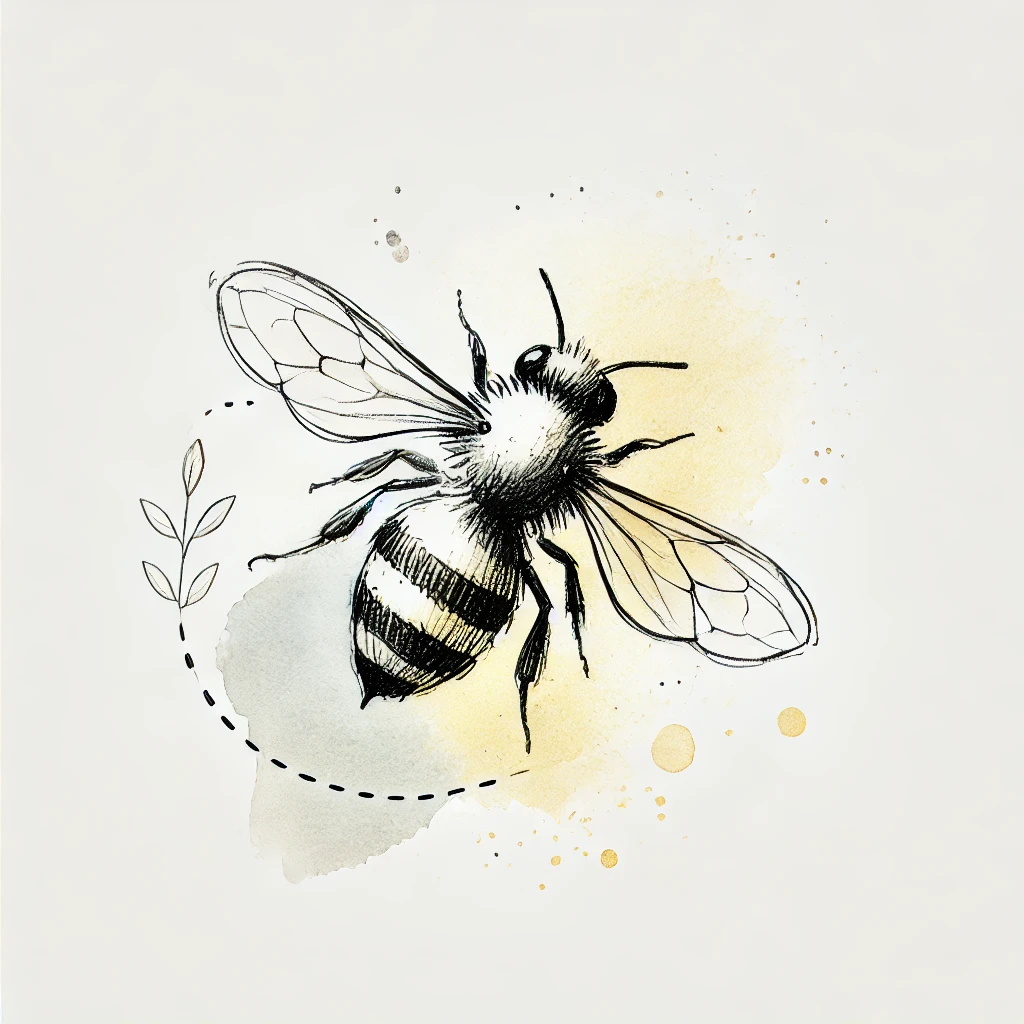 A detailed bee sketch with fine lines and subtle yellow highlights, featuring a floral touch, perfect for cute bee tattoo inspiration