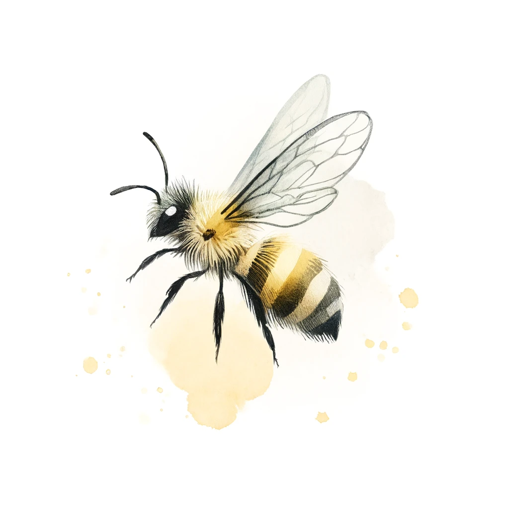 A delicate watercolor bee illustration with soft yellow and black tones, featuring fine brushstrokes and minimalist splashes, perfect for cute bee tattoos