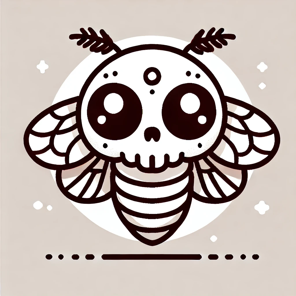 Adorable Death's-head Hawkmoth artwork featuring big, round eyes and sparkling details, stylized with thick outlines and a minimal design.