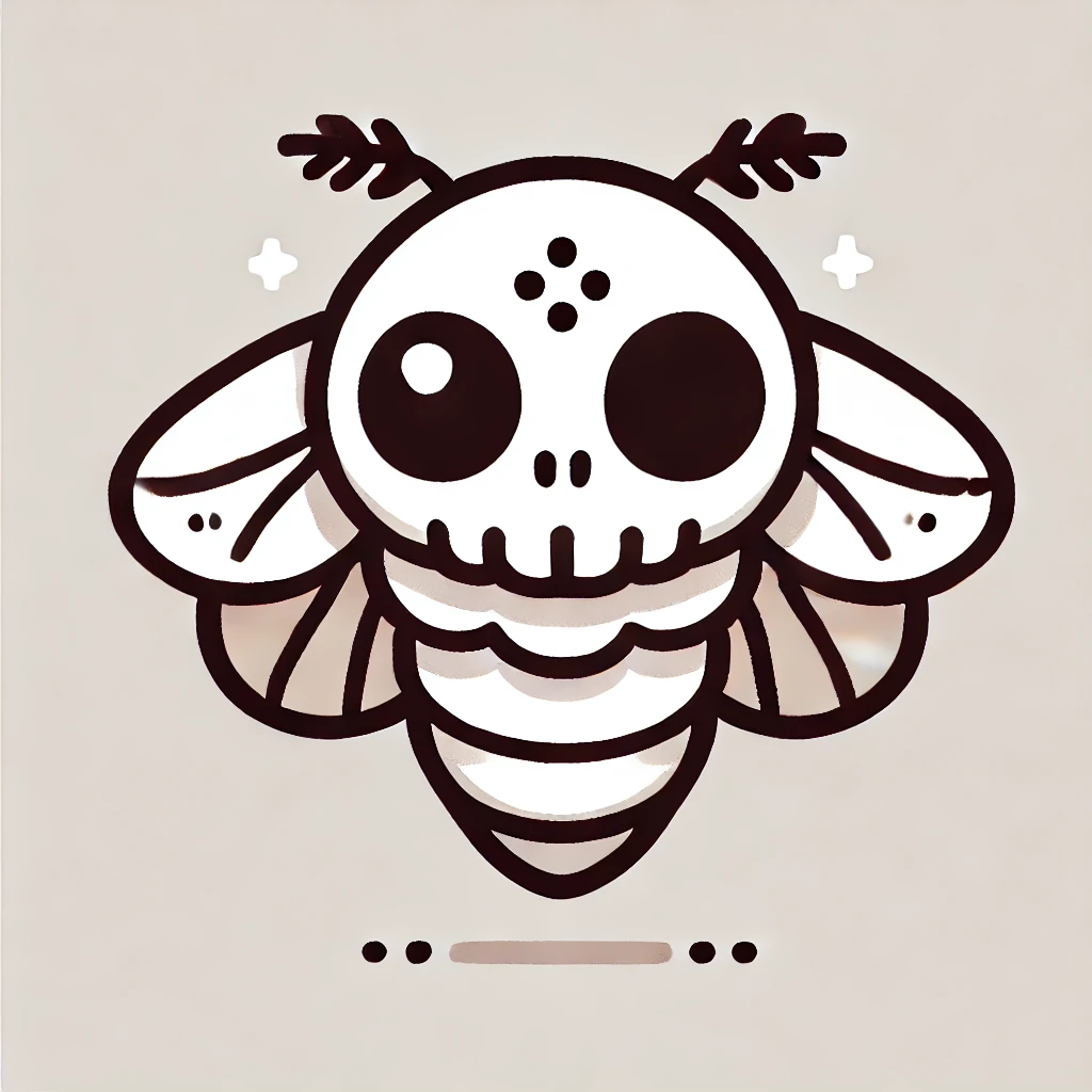 Cute Death's-head Hawkmoth illustration with rounded wings and an oversized skull-like face, drawn with clean lines and minimal detailing