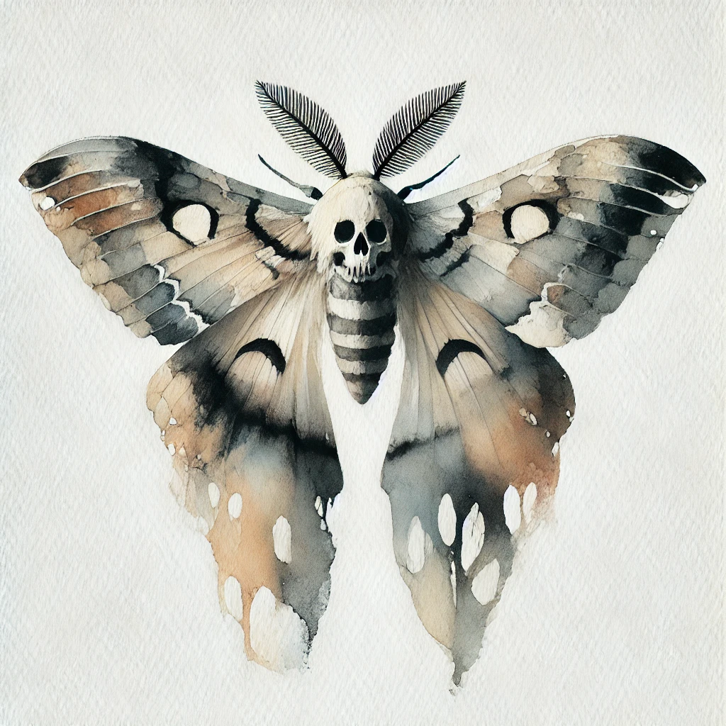 Delicate and abstract Acherontia with a watercolor style, featuring semi-transparent wings in gray and beige tones, with a white background highlighting its iconic skull pattern