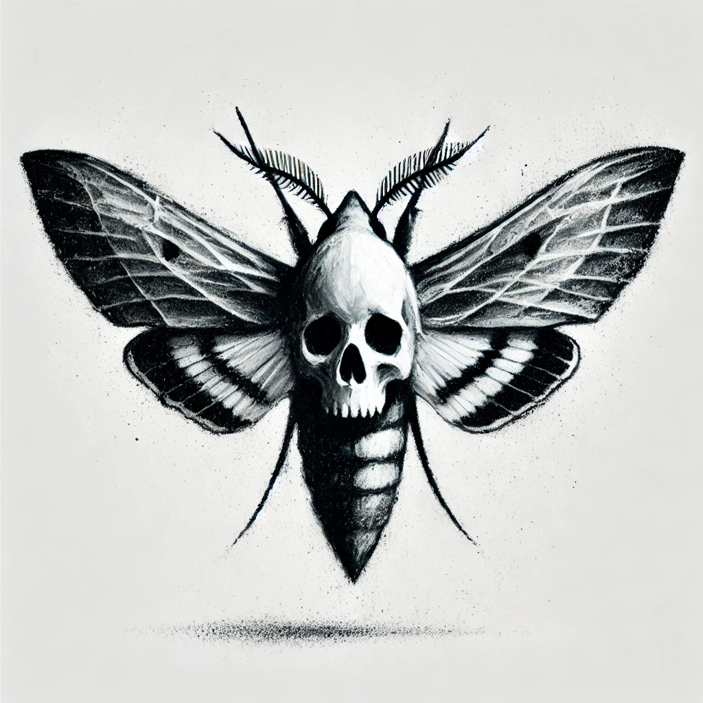 Black and white illustration of an Acherontia (Death's-head Hawkmoth) in charcoal style, with outstretched wings and a central skull pattern on a minimalist white background