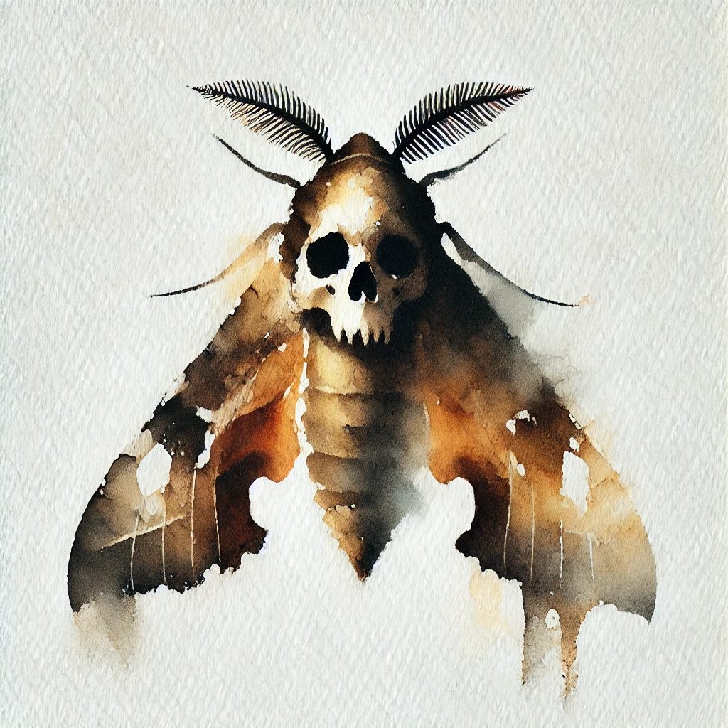 Watercolor illustration of an Acherontia in warm brown and golden tones, creating a soft, ethereal effect on a clean white background