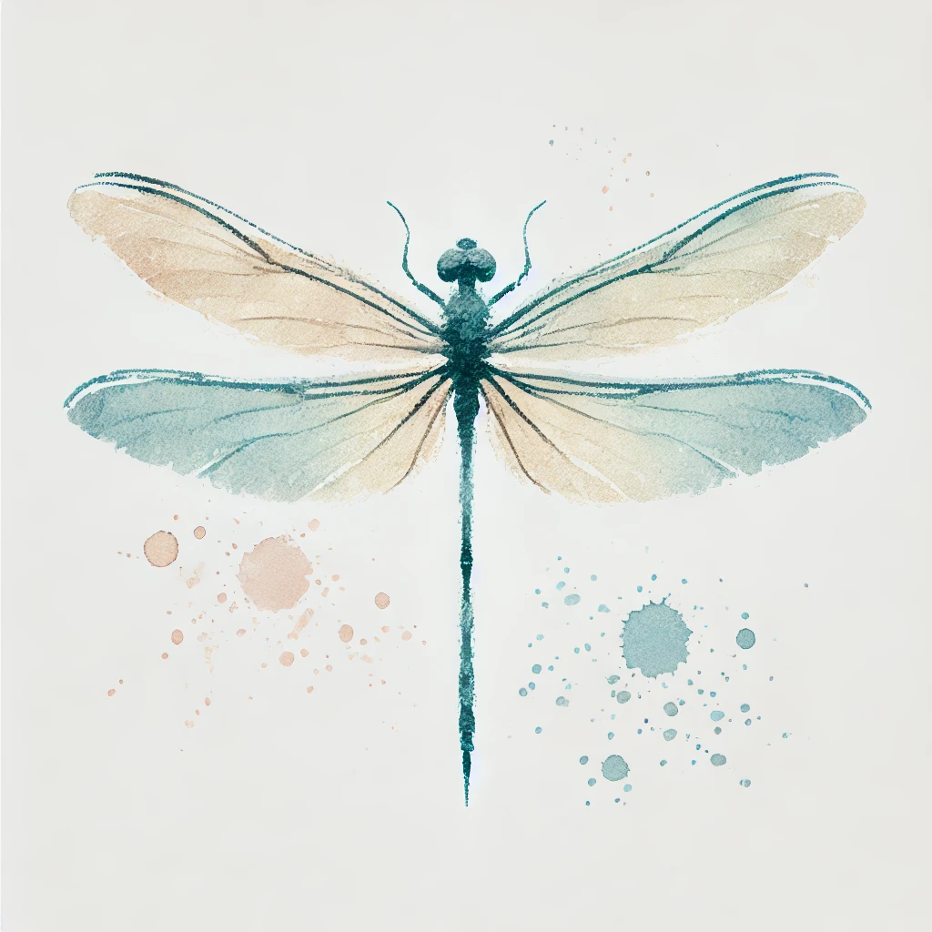 A detailed minimalist watercolor design of a dragonfly, featuring intricate wings and soft pastel tones like light blue and beige, centered on a white background with elegant diffused splashes