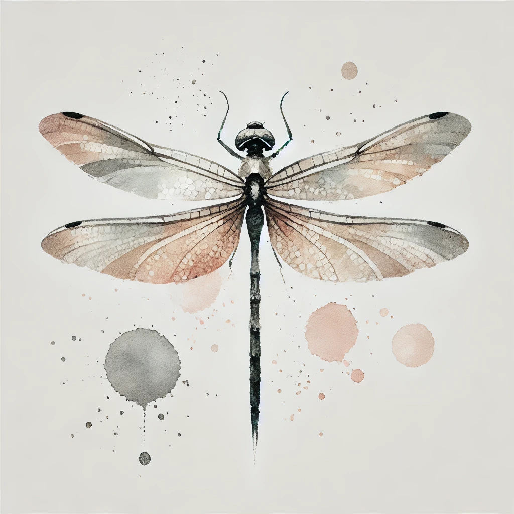 Artistic watercolor dragonfly design in pastel tones on a white background, combining delicate wings and fluid brushstrokes for a modern tattoo concept