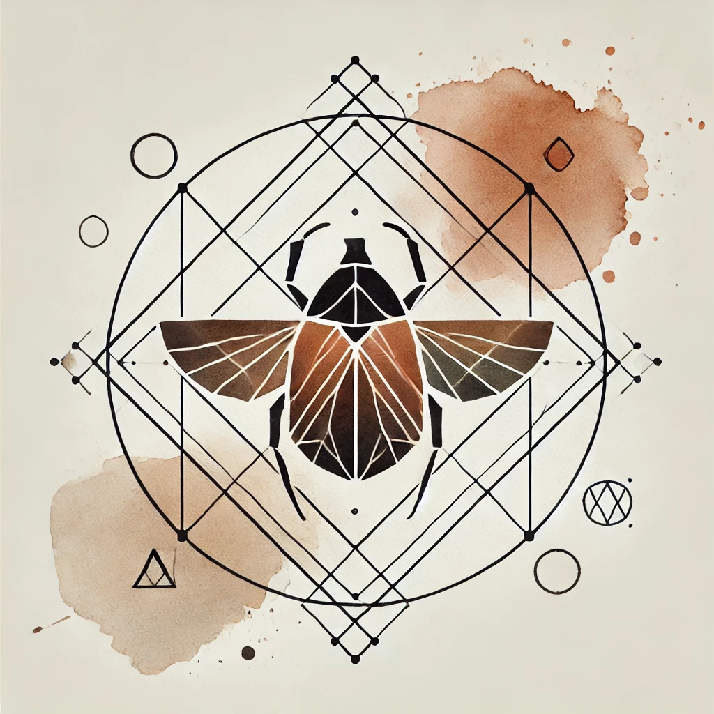 Geometric Egyptian scarab beetle tattoo featuring abstract watercolor splashes and fine line art, symbolizing strength and ancient mysticism.