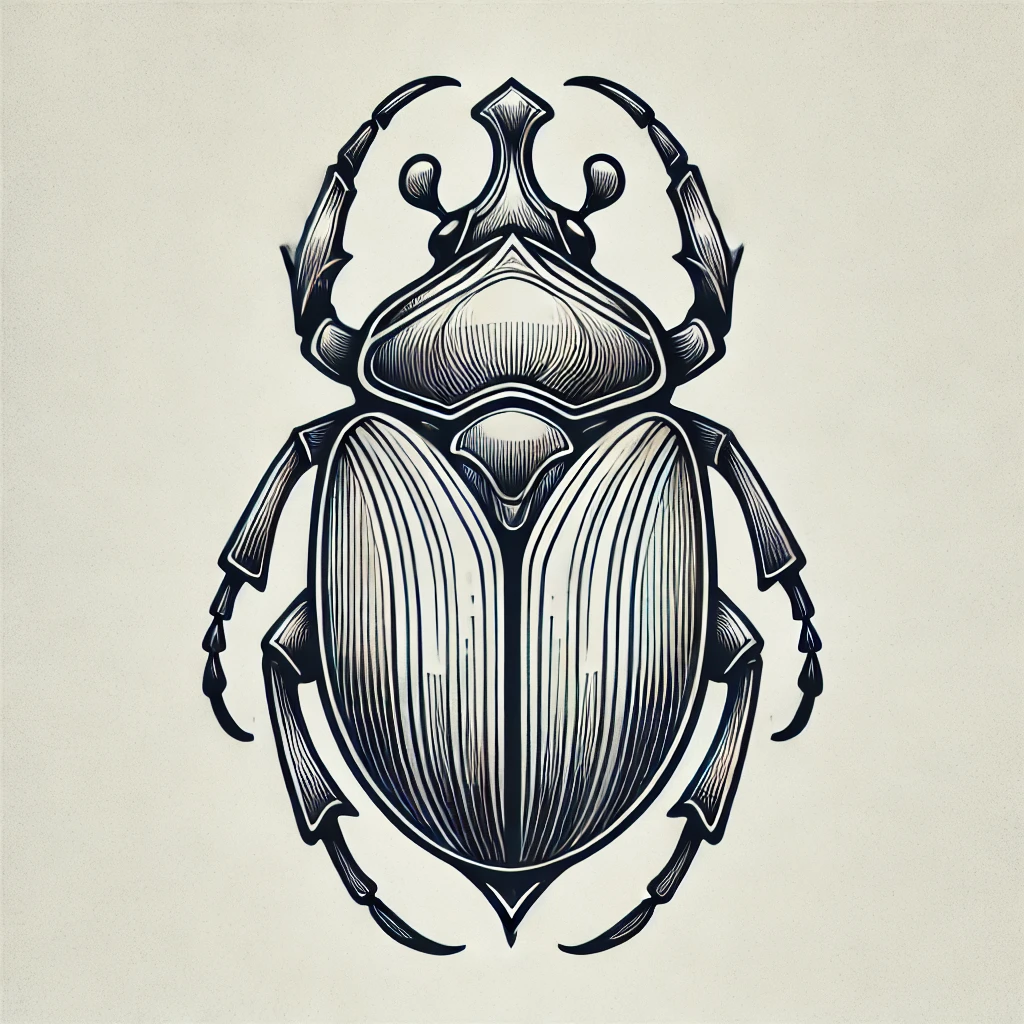 Detailed line art of an Egyptian scarab beetle tattoo in black and white, showcasing intricate patterns and ancient symbolism