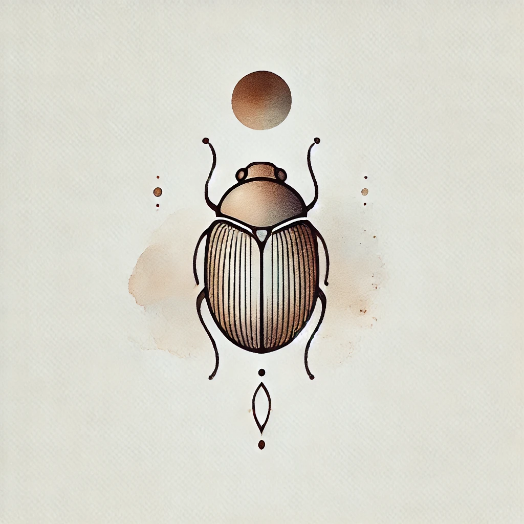 Minimalist scarab beetle tattoo design with delicate watercolor shading and a celestial circle, representing spiritual balance and transformation