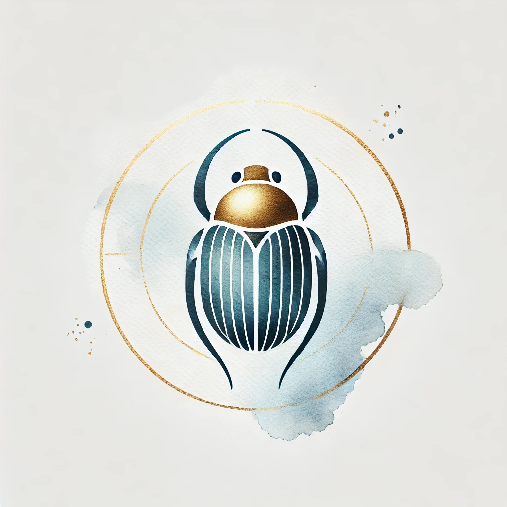 A watercolor Egyptian scarab beetle tattoo design with golden details and subtle blue tones, symbolizing rebirth and protection