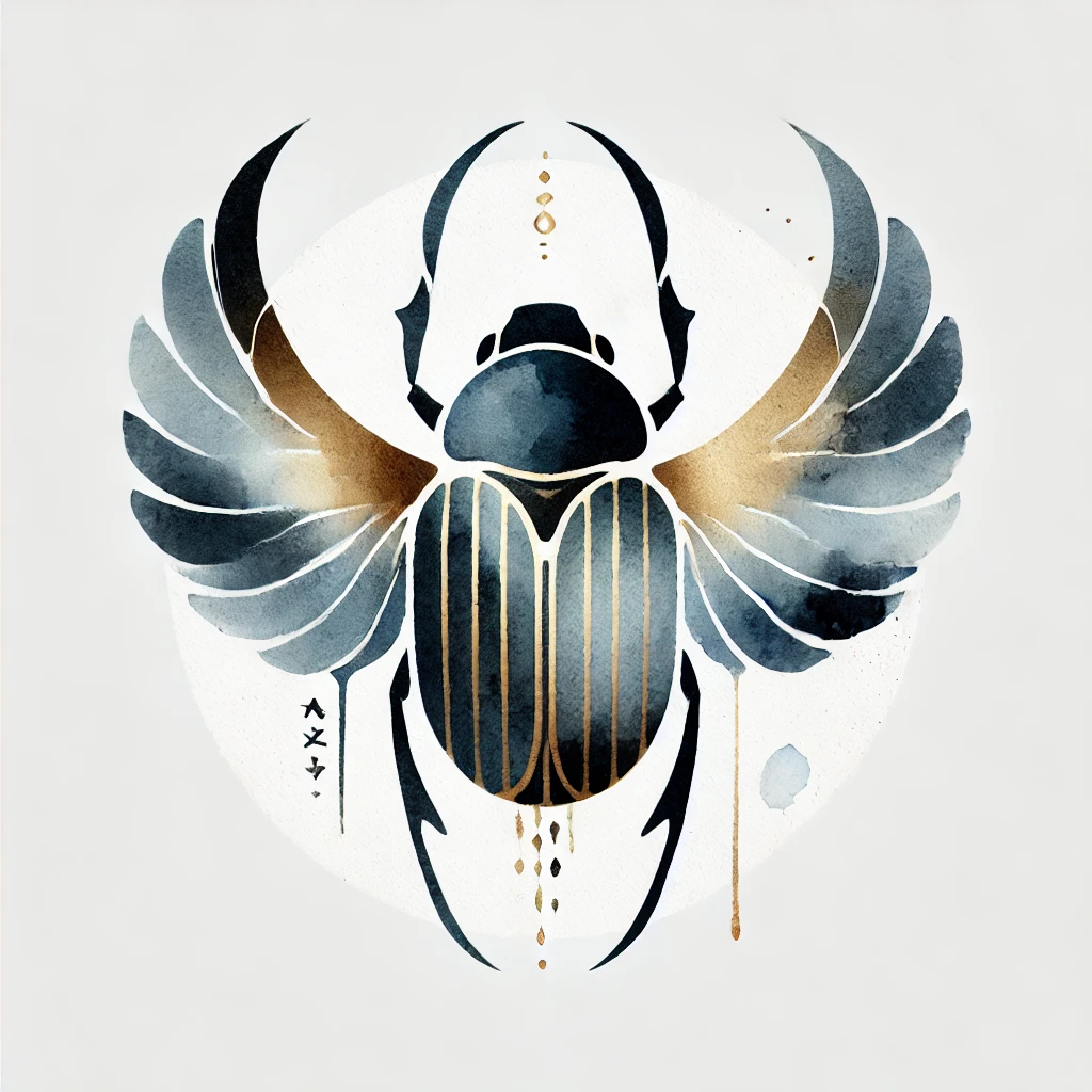 Egyptian beetle tattoo design featuring stylized blue and gold wings, combining sacred symbolism with geometric watercolor aesthetics