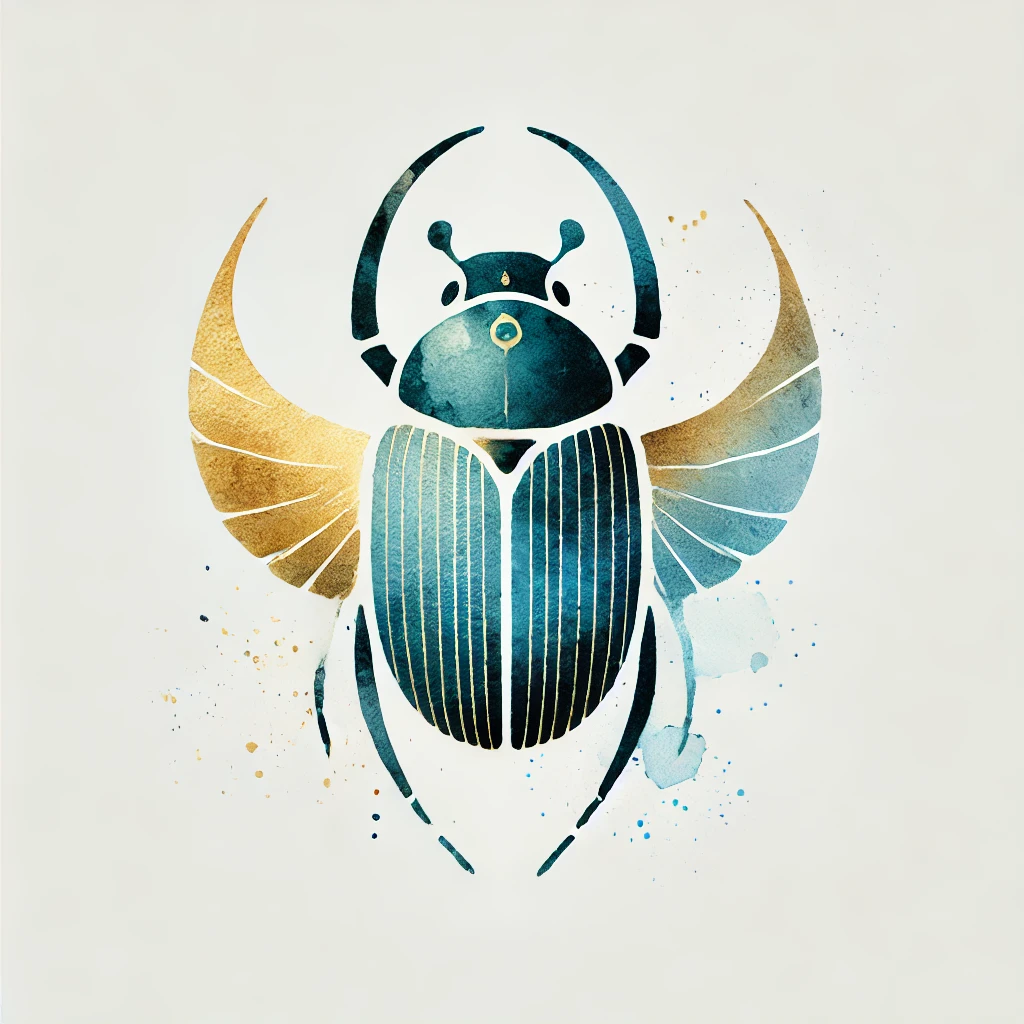 Elegant scarab beetle tattoo with gold and blue watercolor wings, blending Egyptian symbolism and modern minimalistic art style