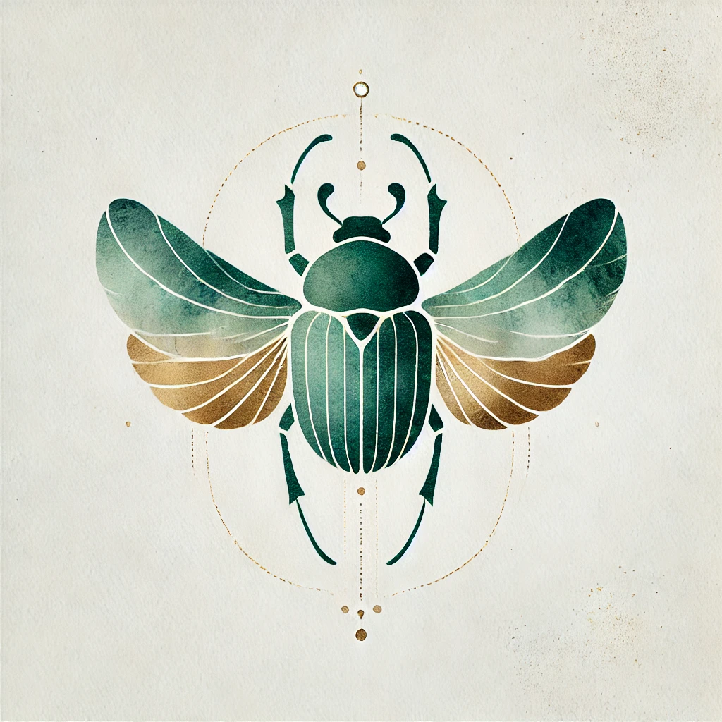 Watercolor Egyptian scarab beetle tattoo design with gold and green wings, symbolizing rebirth and protection in ancient Egyptian culture
