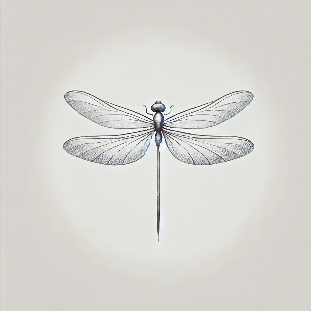 A refined and realistic dragonfly design with light grayscale tones and intricate wing details, centered on a subtle gradient background