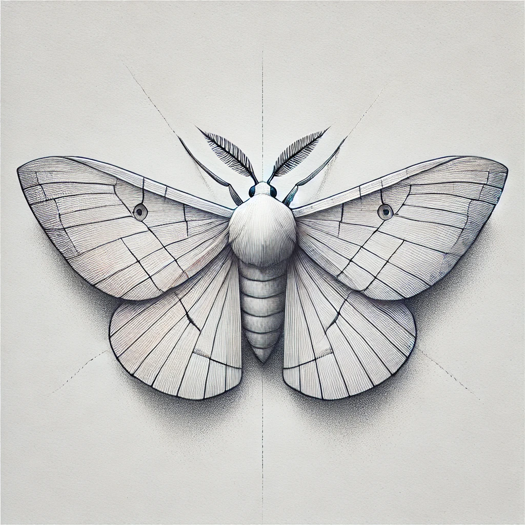 A minimalist moth tattoo design in grayscale, with clean geometric lines and symmetry, perfect for subtle and elegant tattoo ideas