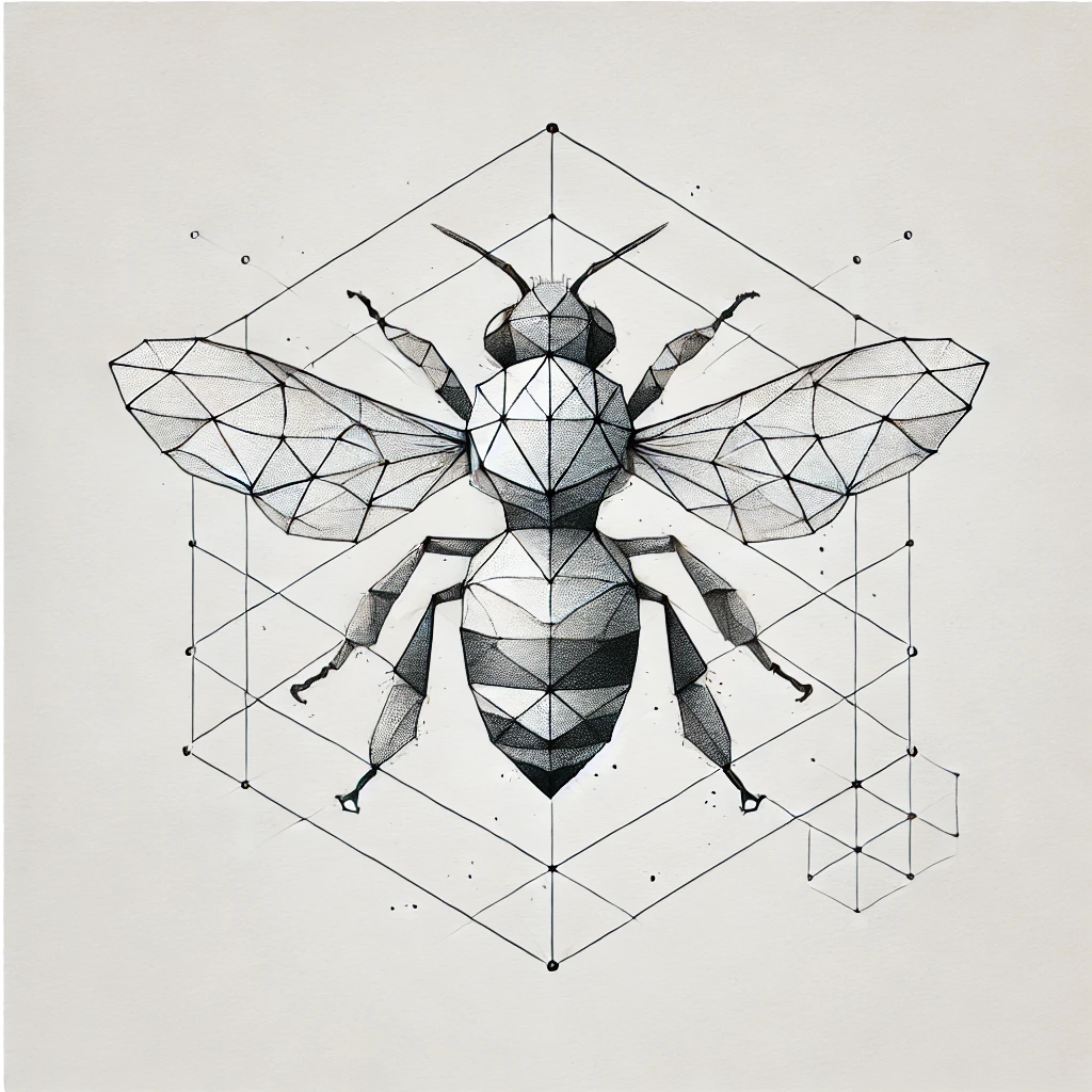 Bee tattoo design in minimalist geometric style with fine lines and shading for a modern look