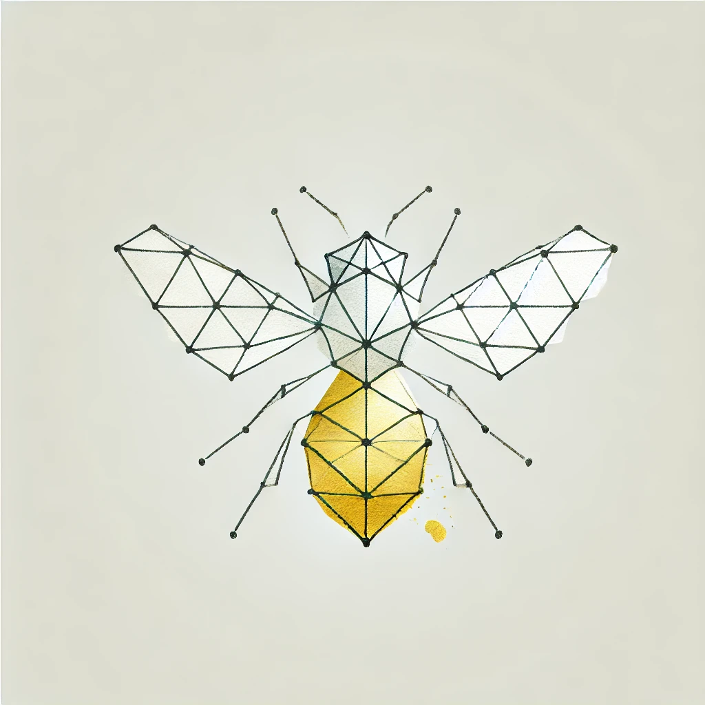 Minimalist geometric bee illustration featuring fine outlines and hexagon shapes in a subtle design