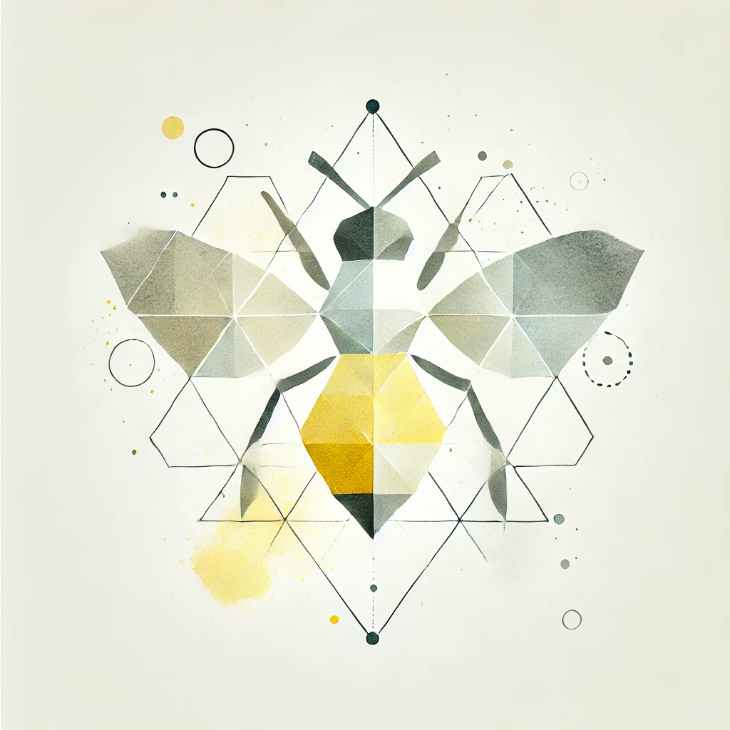 Artistic bee tattoo design with geometric elements and watercolor splashes in soft yellow and gray