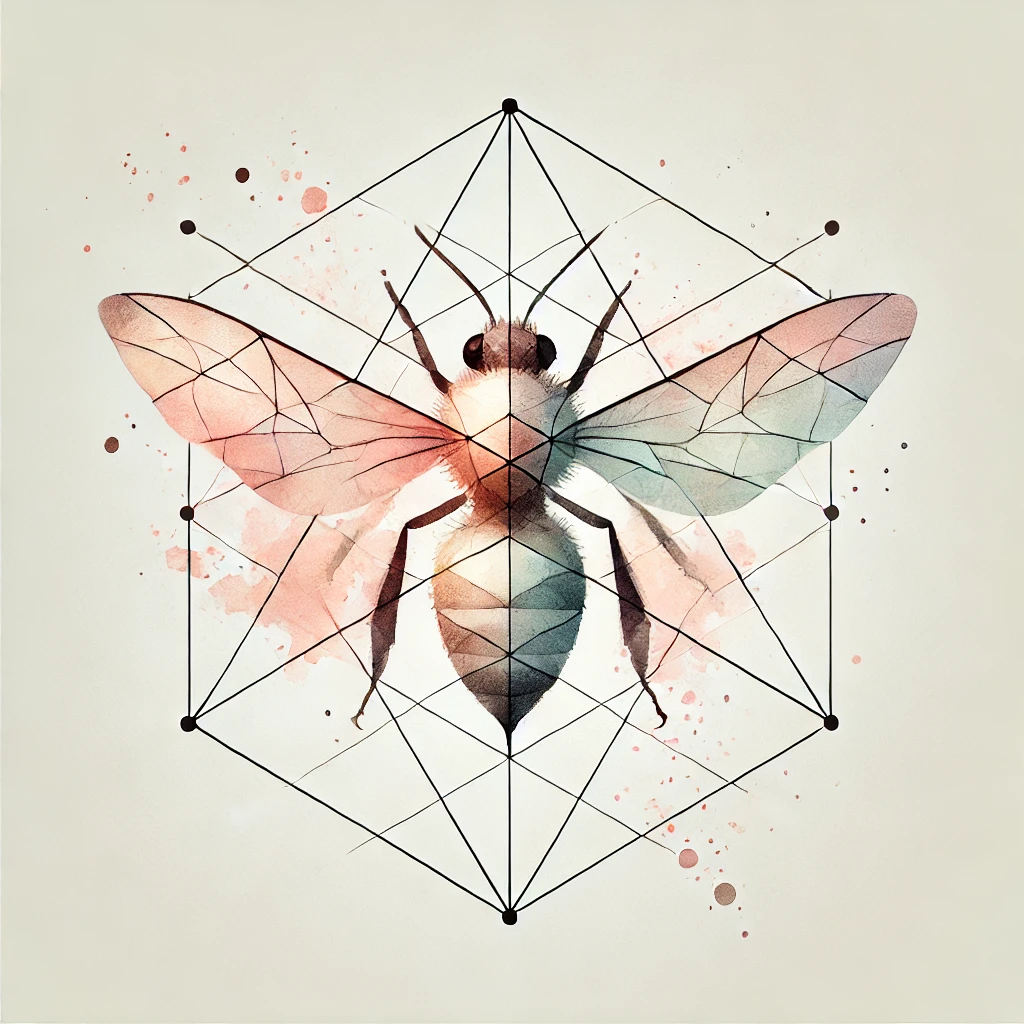 Unique geometric bee tattoo with delicate watercolor tones in red and pink, creating a modern style