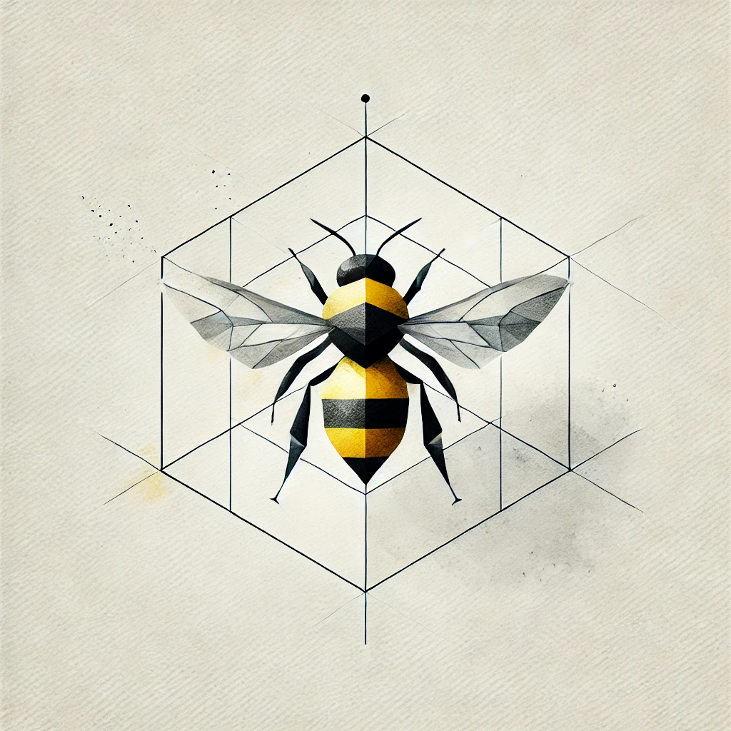 Bee tattoo art combining geometric shapes and hexagons with bold yellow and black accents