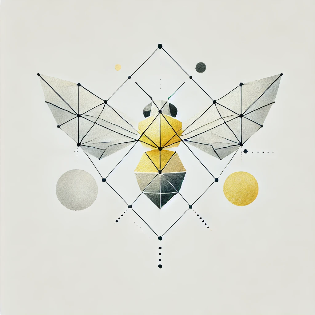 Large geometric bee design featuring abstract lines, angular wings, and watercolor details in yellow and gray.