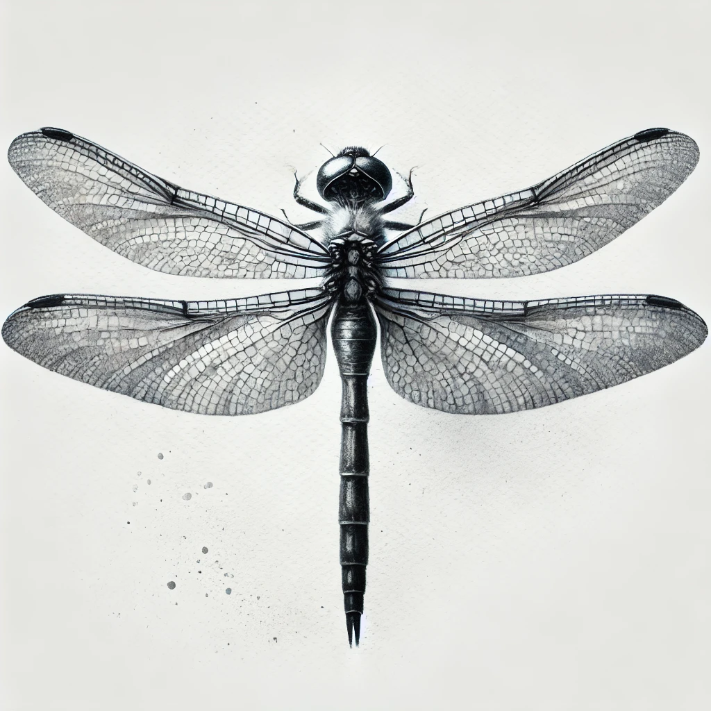 A grayscale watercolor dragonfly, centered in the image with intricate shading and soft details, emphasizing simplicity and balance on a white background