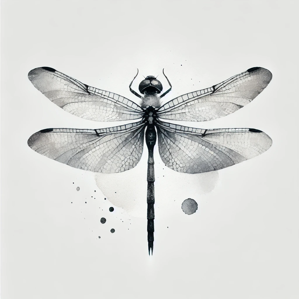 Minimalist grayscale watercolor dragonfly tattoo design with delicate brushstrokes, showcasing artistic simplicity and elegance on a clean white background