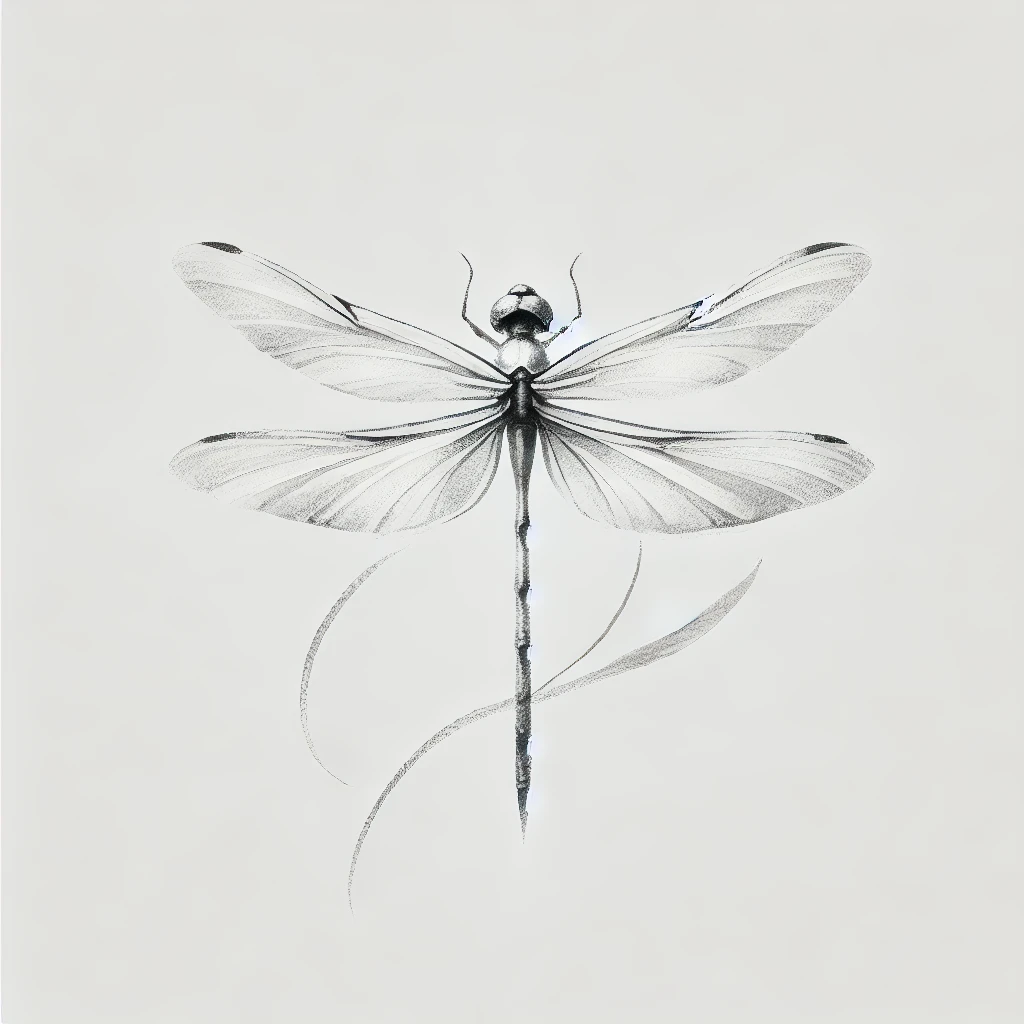 A delicate grayscale dragonfly illustration with soft, detailed wings and subtle shading, showcasing elegance and minimalistic artistry