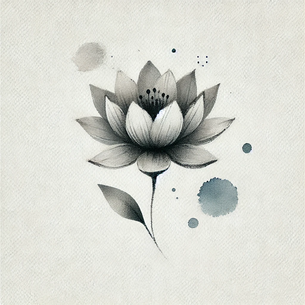 Minimalist design of a Water Lily flower in grayscale, featuring diffused watercolor blotches and fine linework, ideal for a july birth flower water lily tattoo