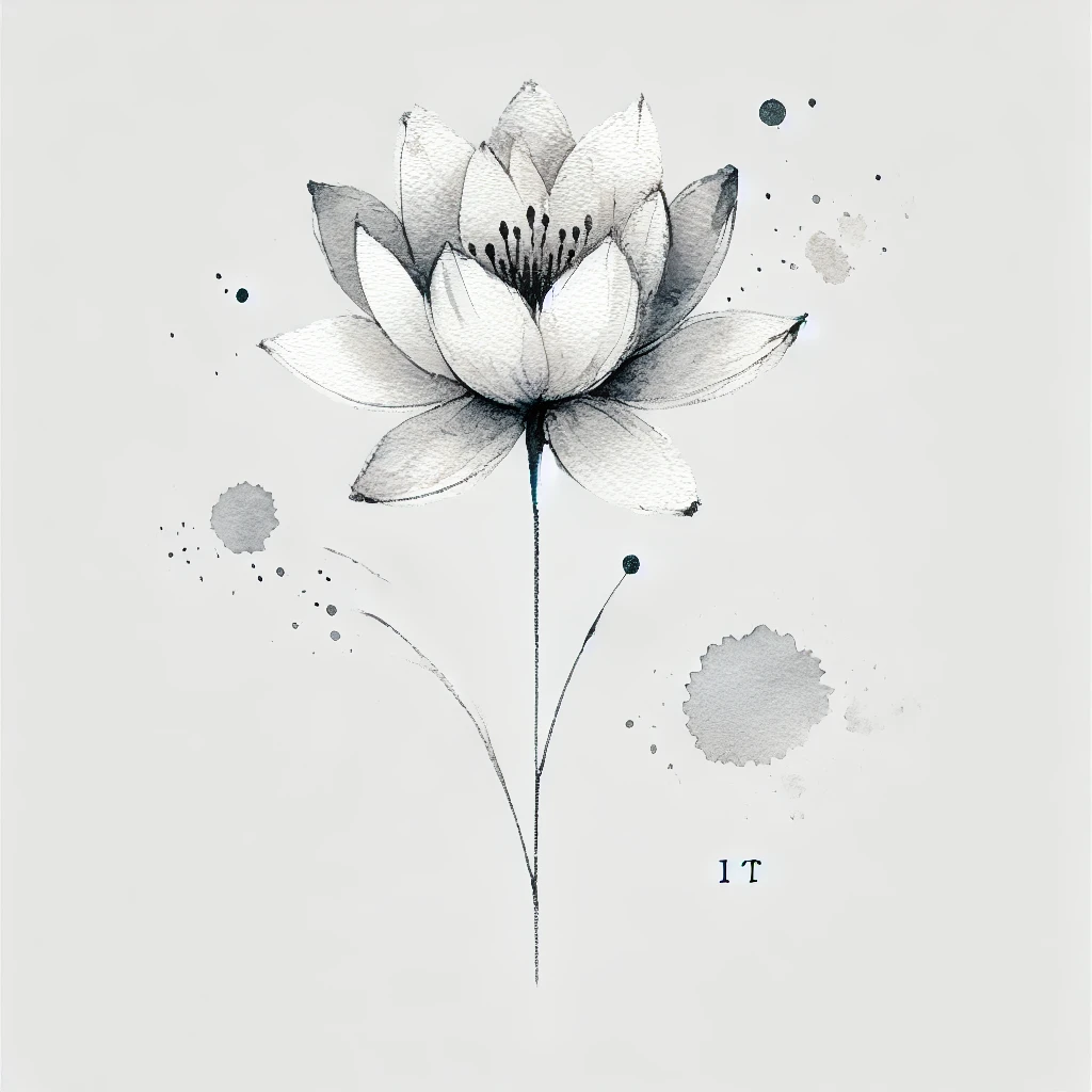 Elegant depiction of a Water Lily flower with abstract grayscale watercolor textures and subtle outlines, perfect for modern tattoo ideas