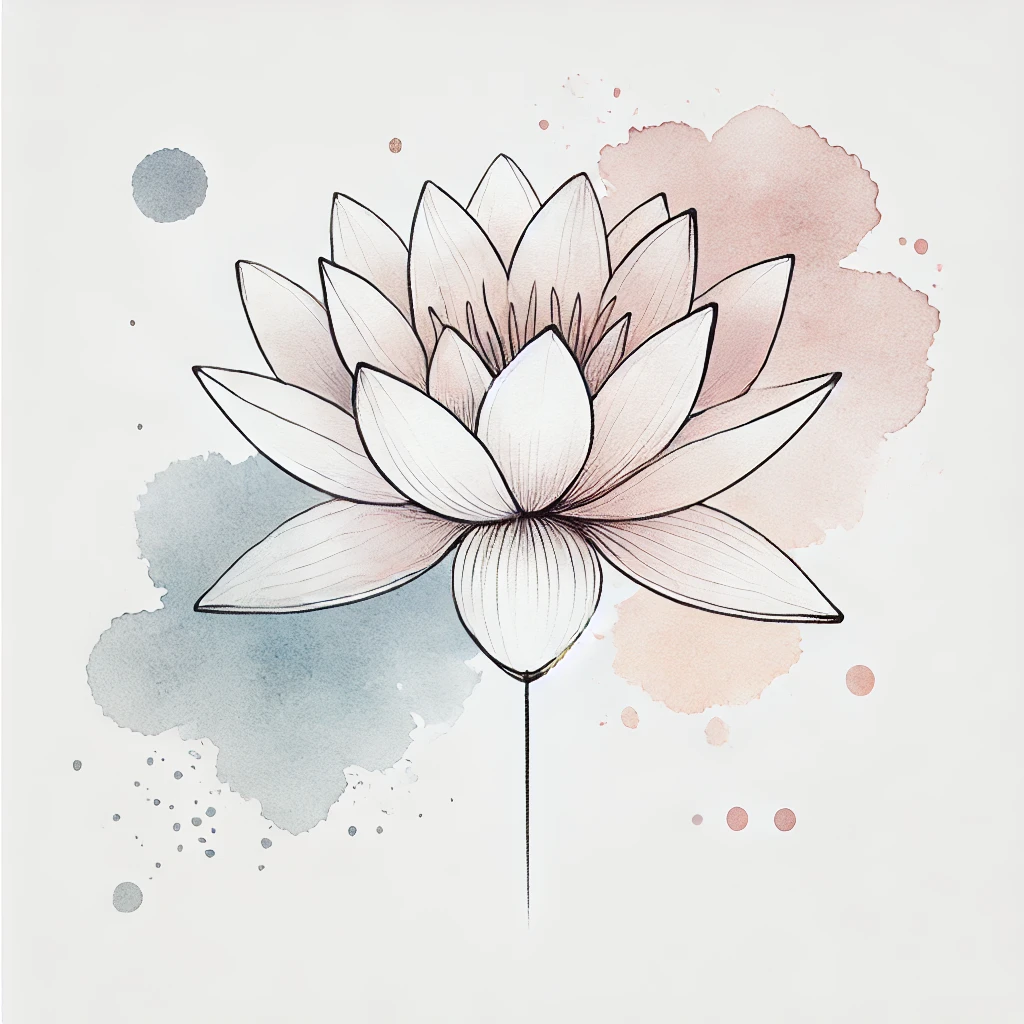 Artistic illustration of a Water Lily flower with pastel watercolor splashes and clean line accents, an inspiring july birth flower water lily tattoo concept.