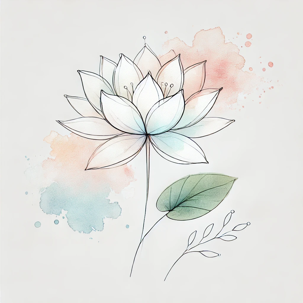 Minimalist Water Lily flower illustration blending soft pastel watercolor tones and delicate outline details, showcasing natural beauty