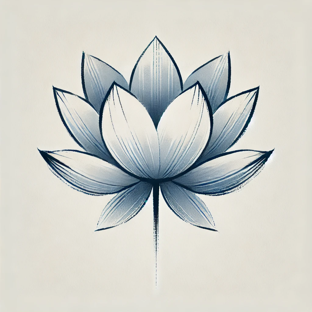 Stylized lotus flower drawing in a shaded blue tone, reflecting the spiritual meaning of the lotus flower.
