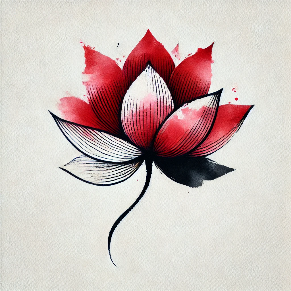Bold red and black lotus flower tattoo with a watercolor effect, showcasing passion and resilience in its dynamic design.