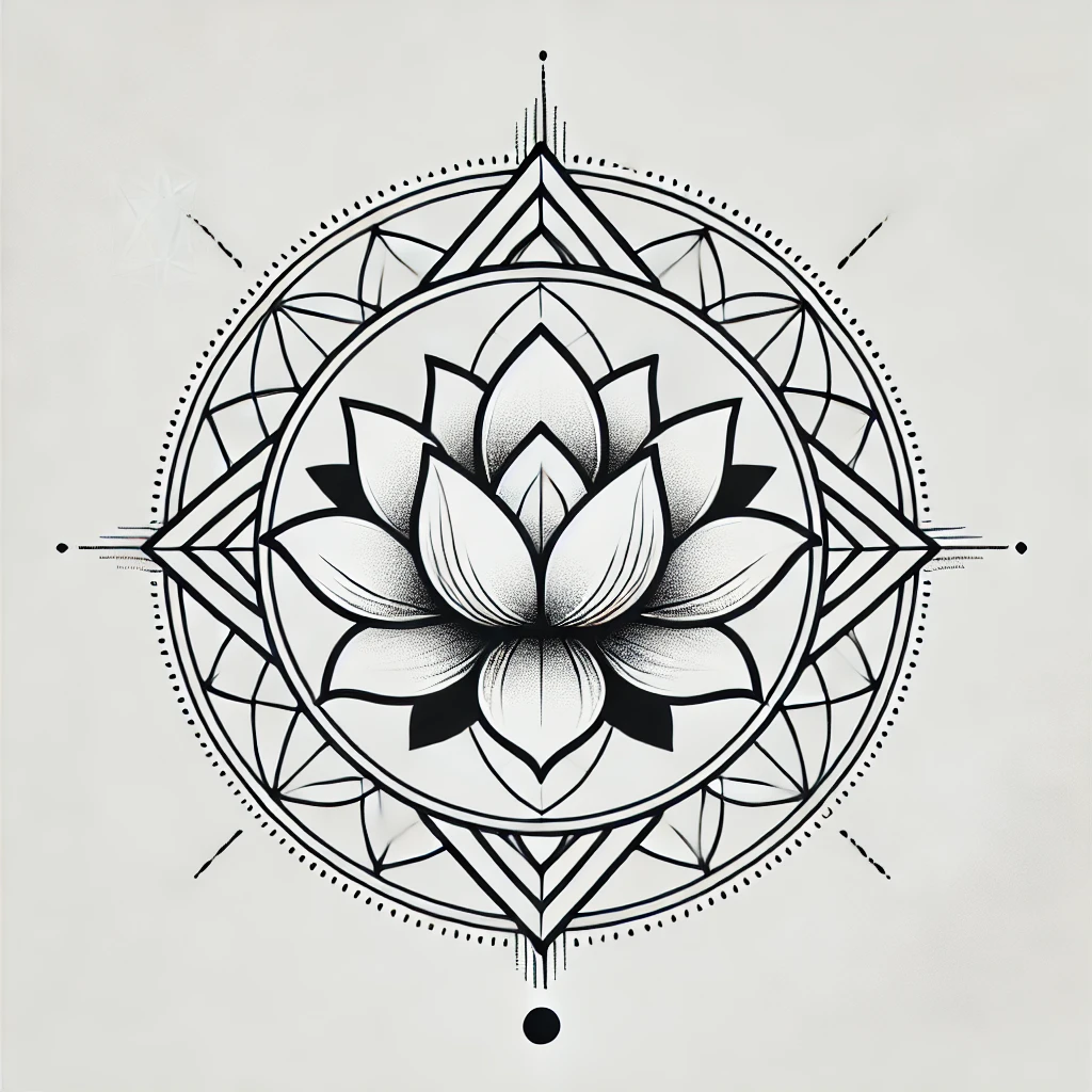 Lotus flower tattoo design within a circular mandala, symbolizing spiritual enlightenment and balance.