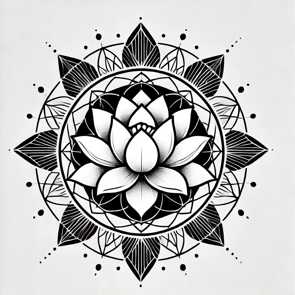 Intricate black and white mandala lotus flower tattoo, ideal for larger placements like the back or thigh.