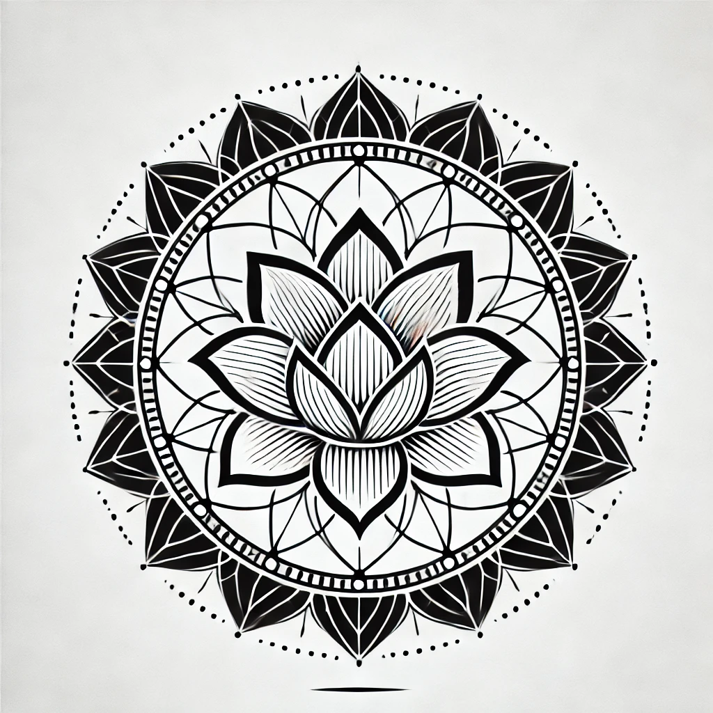 Symmetrical mandala with a central lotus flower drawing, representing the cycle of life and personal growth.