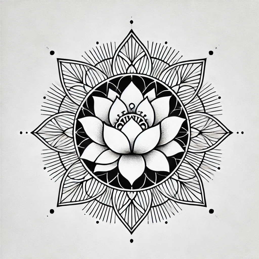 Decorative lotus flower tattoo idea combining bold geometric patterns and delicate floral details.