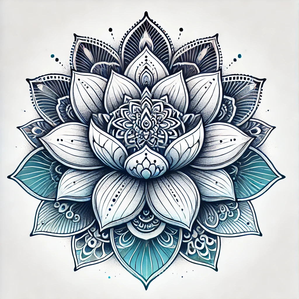 Mandala lotus flower tattoo with detailed blue and black patterns, combining geometry and the lotus flower meaning.
