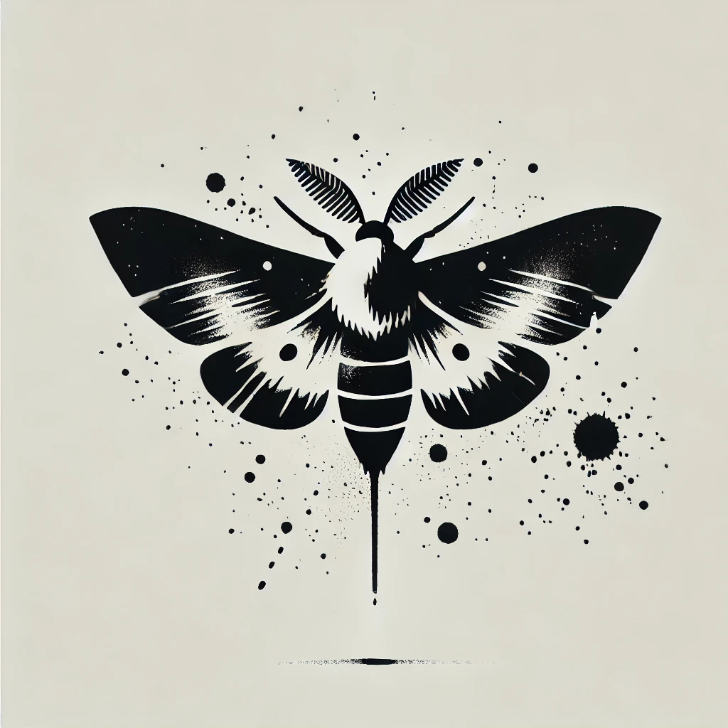 A bold black ink death moth tattoo design with sharp contrasts, splatter details, and gothic inspiration, representing mortality and mystery
