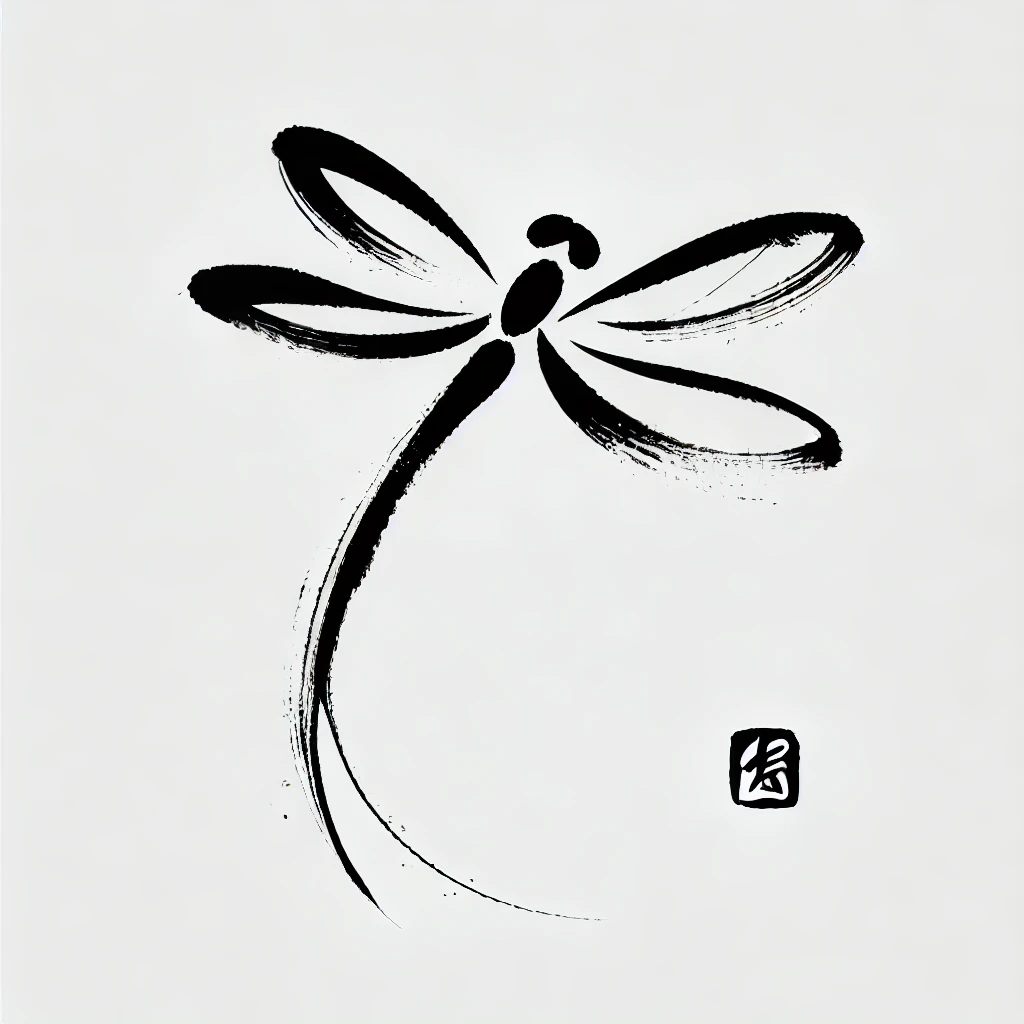 A minimalist sumi-e dragonfly design created with elegant black ink strokes, showcasing simplicity and traditional Japanese artistic aesthetics