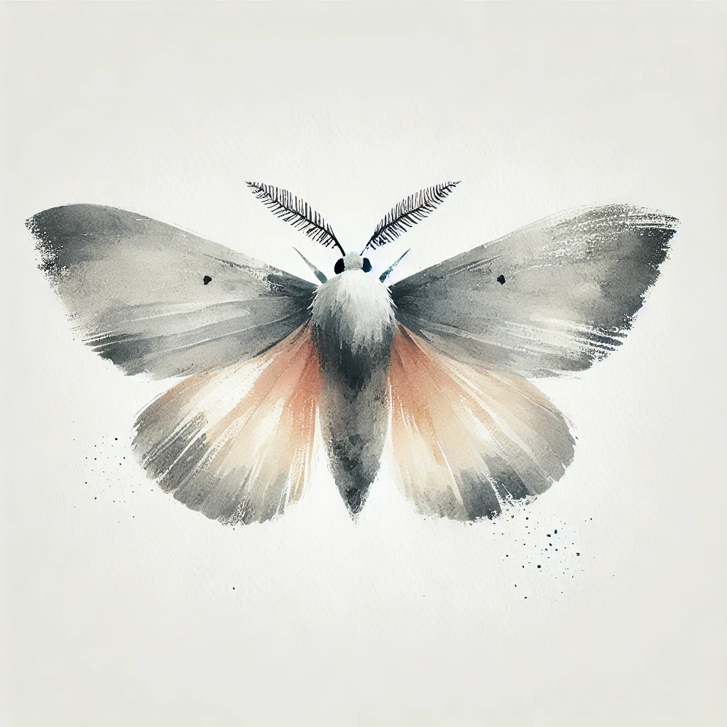 A soft, watercolor moth tattoos design featuring delicate shades of gray and subtle orange accents, symbolizing transformation and beauty